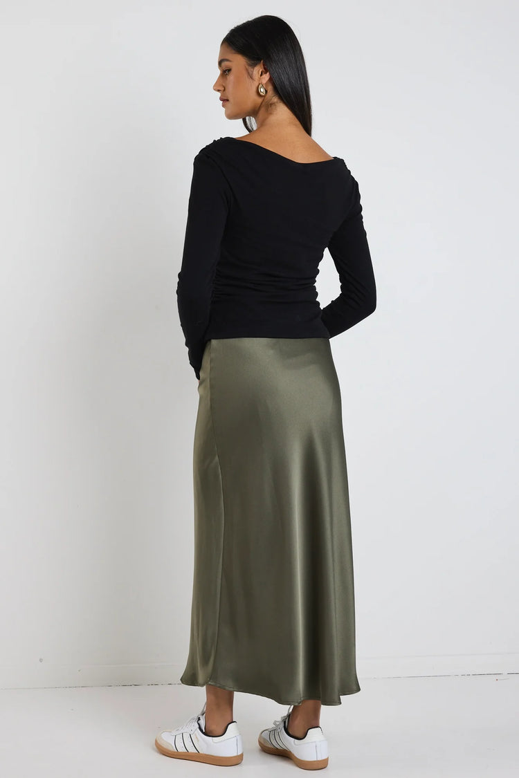 Rosette Khaki Satin Bias Midi Skirt