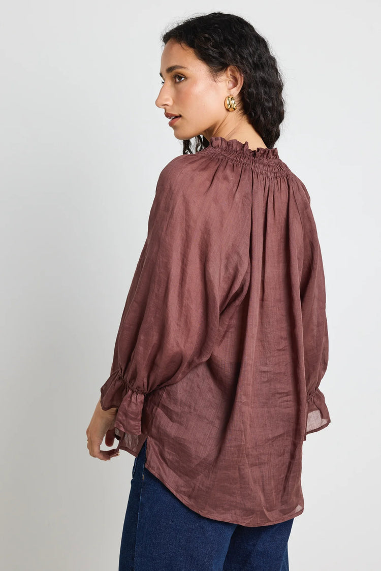 Expedition Chocolate Ramie Shirred Neck Short Sleeve Top