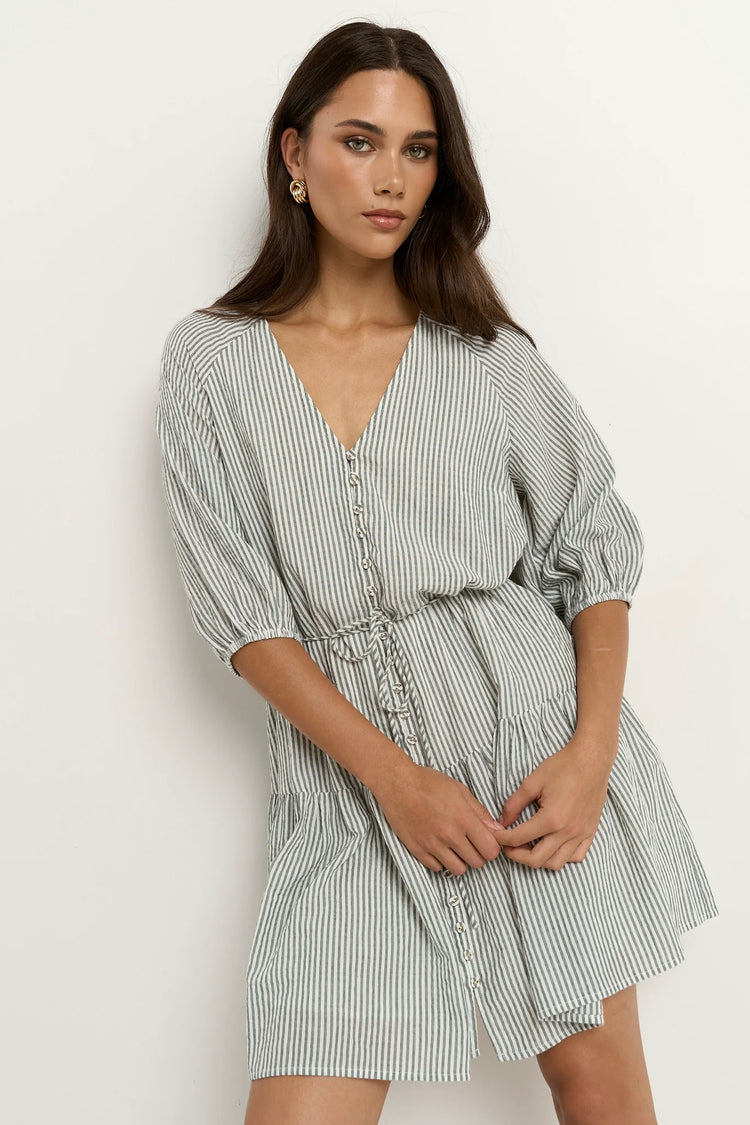 Switch Khaki Stripe Puff Sleeve Button Front Mini Dress