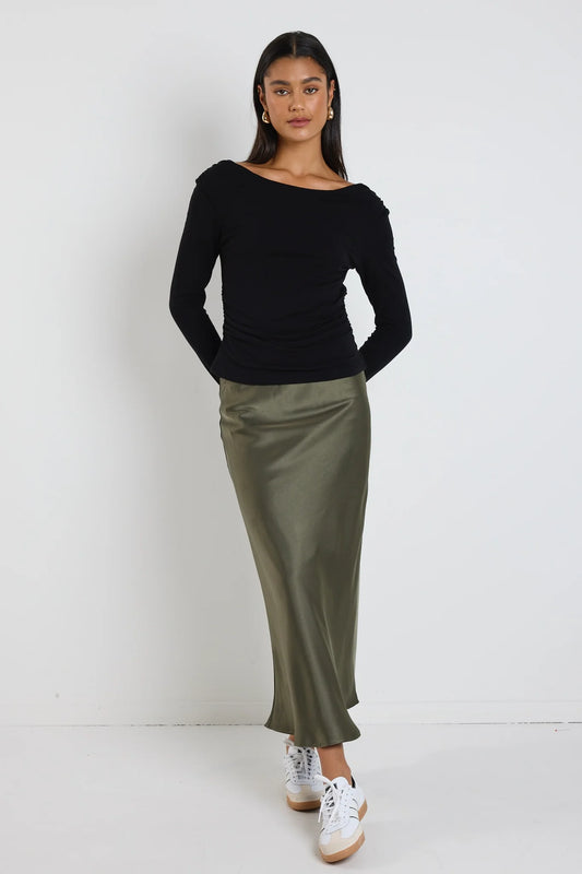 Rosette Khaki Satin Bias Midi Skirt