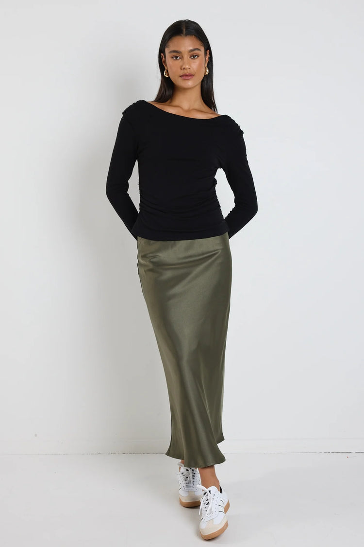 Rosette Khaki Satin Bias Midi Skirt