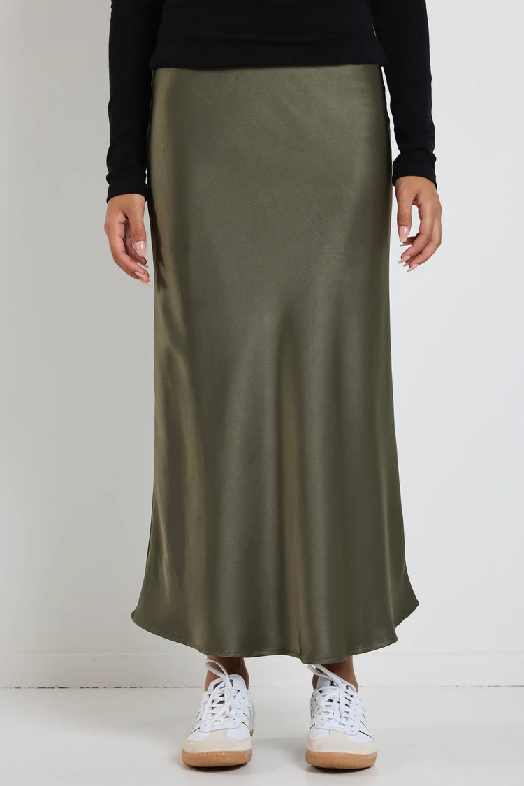 Rosette Khaki Satin Bias Midi Skirt