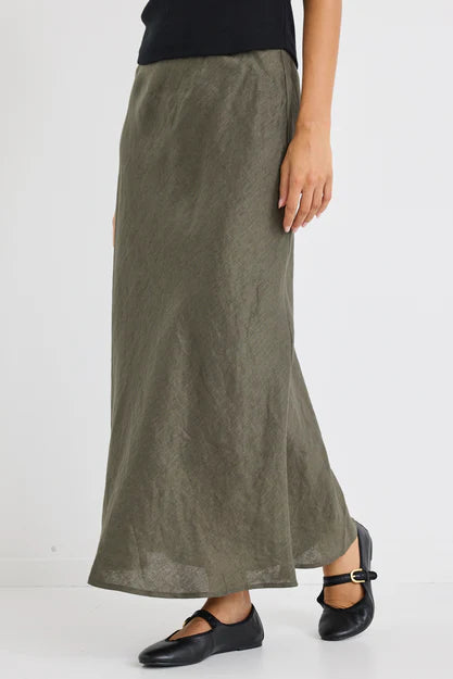 Bliss Khaki Linen Blend Bias Midi Skirt