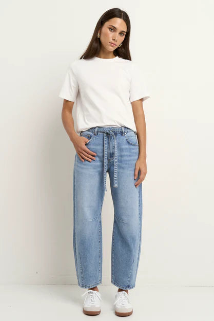 Campus Light Blue Tie Waist Barrel Jean