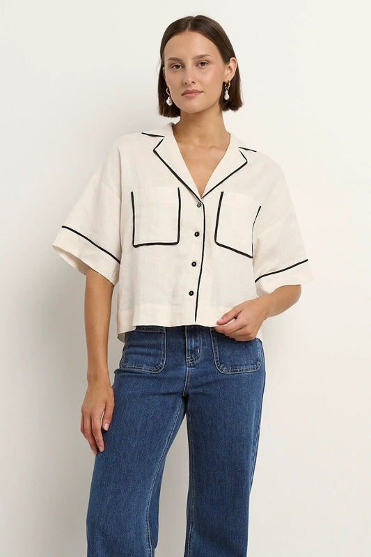 Culture Cream Black Trim Linen Boxy SS Shirt