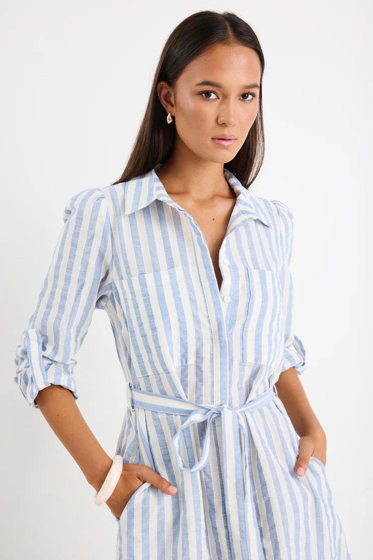 Cyprus Blue Stripe Long Sleeve Shirt Midi Dress