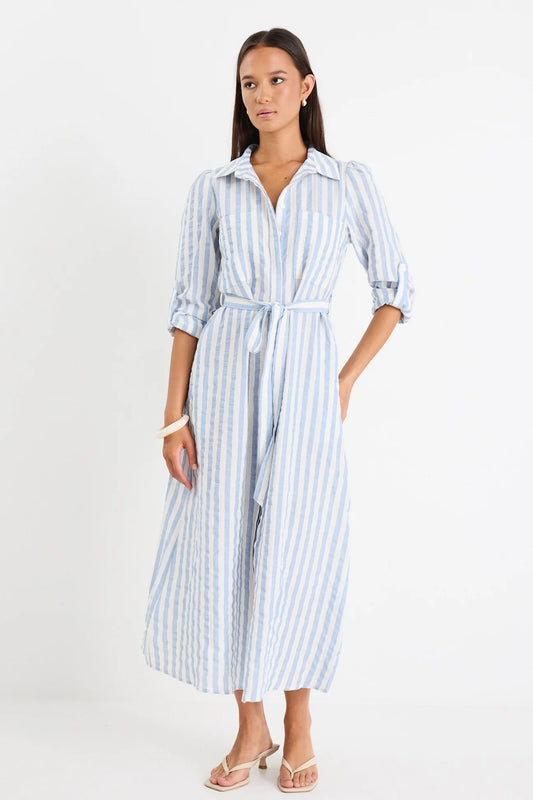 Cyprus Blue Stripe Long Sleeve Shirt Midi Dress