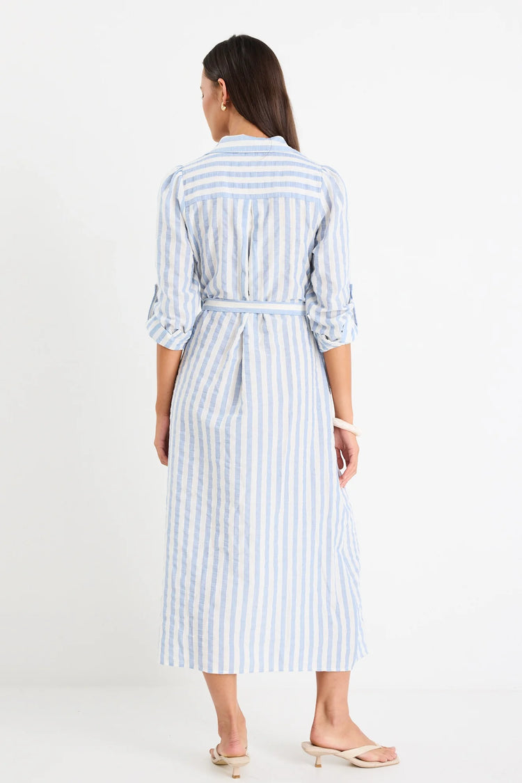 Cyprus Blue Stripe Long Sleeve Shirt Midi Dress