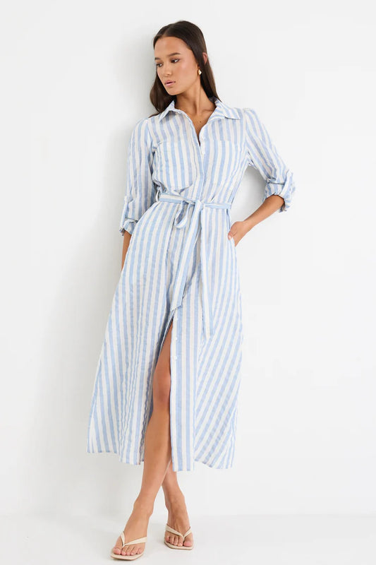 Cyprus Blue Stripe Long Sleeve Shirt Midi Dress