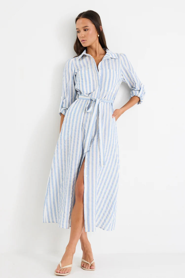 Cyprus Blue Stripe Long Sleeve Shirt Midi Dress
