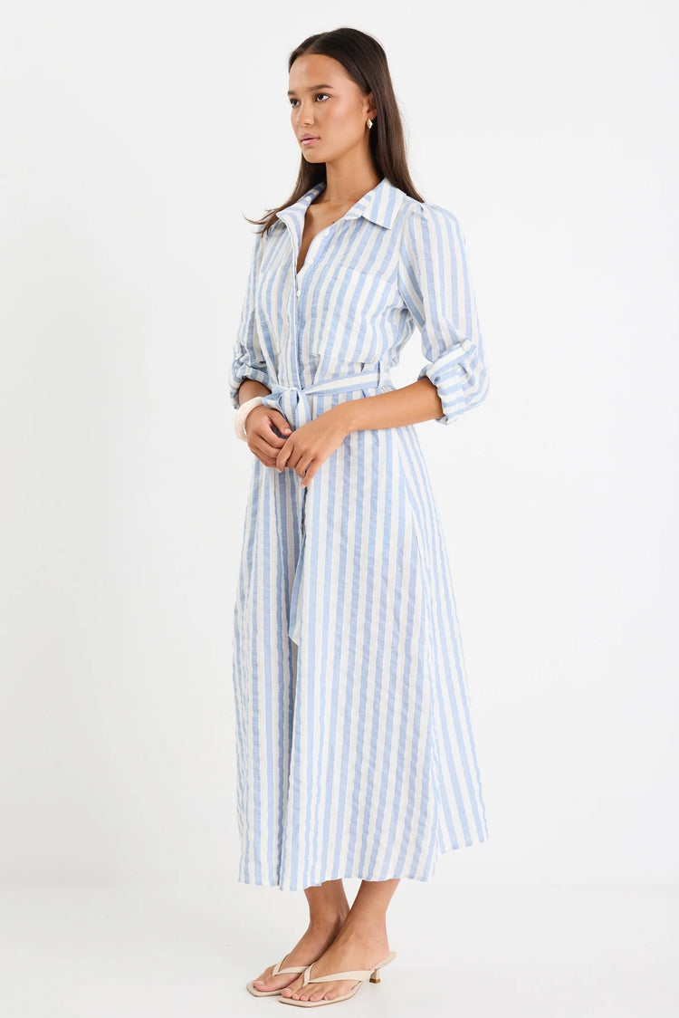 Cyprus Blue Stripe Long Sleeve Shirt Midi Dress