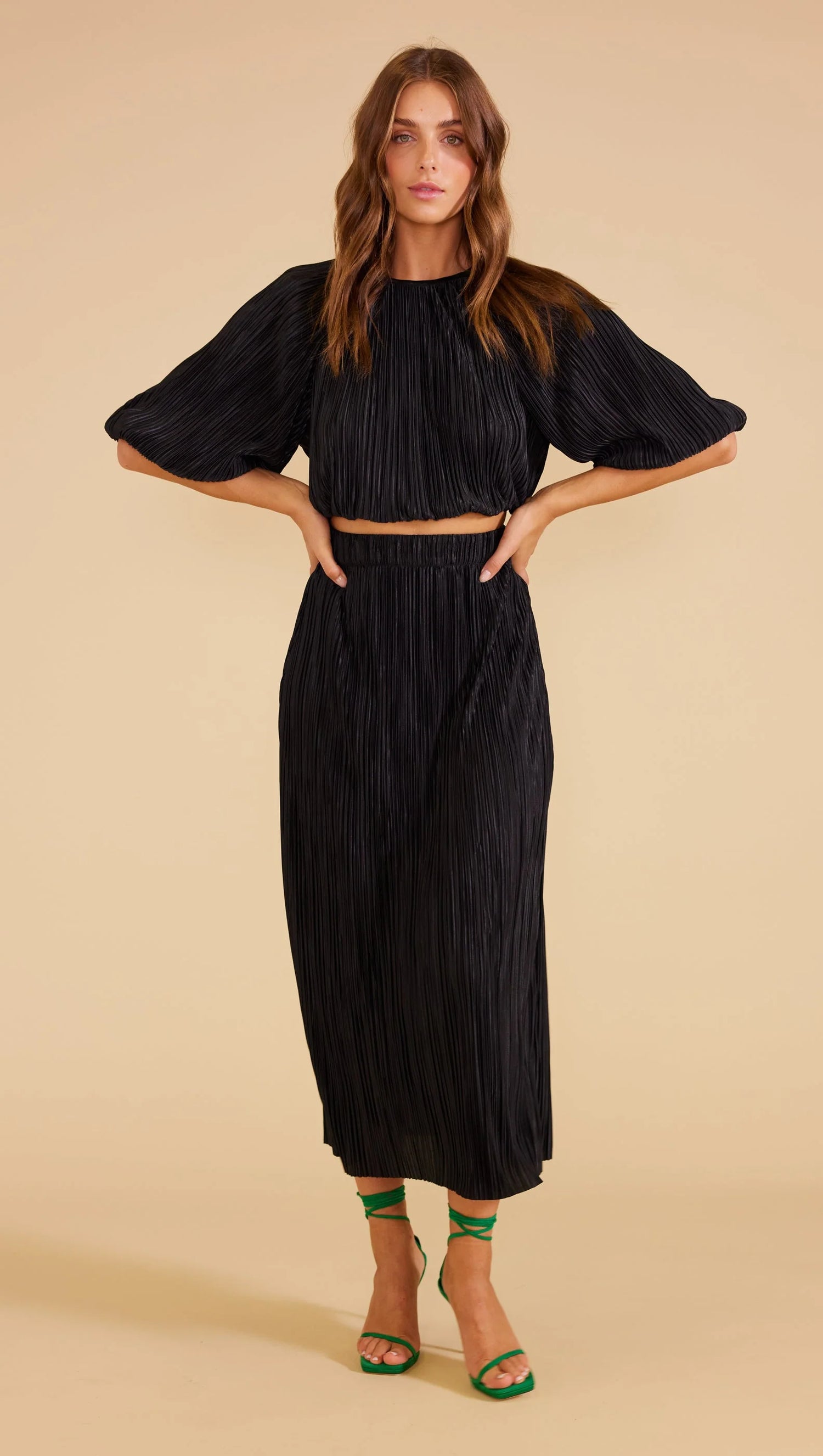 Livia Plisse Pleat Midi Skirt Black