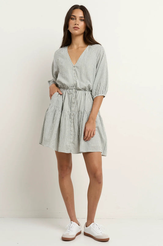 Switch Khaki Stripe Puff Sleeve Button Front Mini Dress