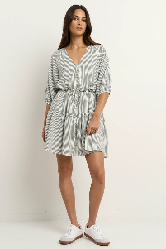 Switch Khaki Stripe Puff Sleeve Button Front Mini Dress