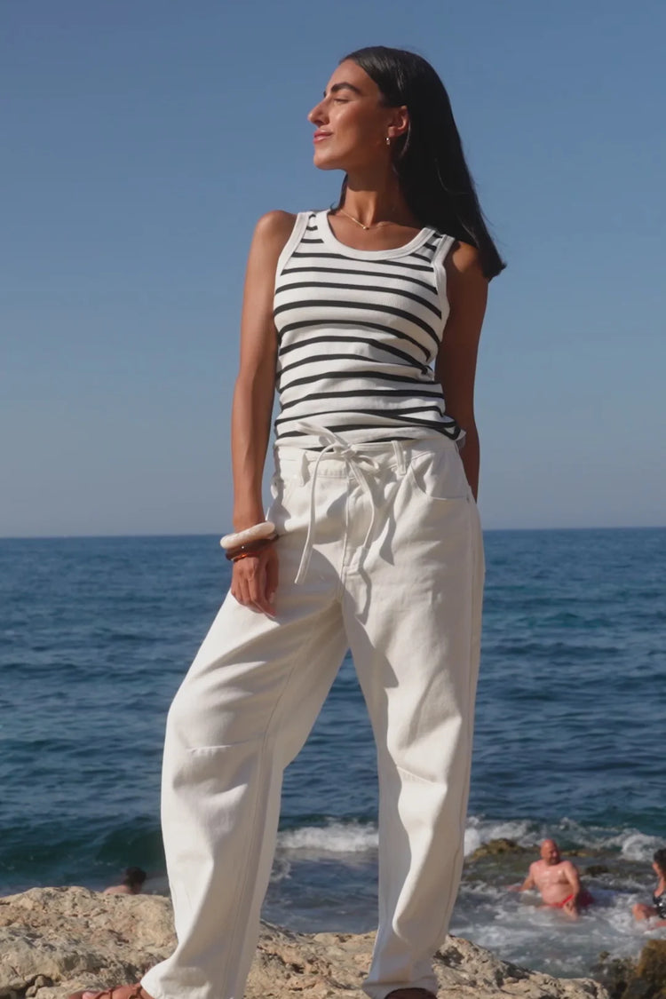 Campus Ecru Tie Waist Barrel Jean