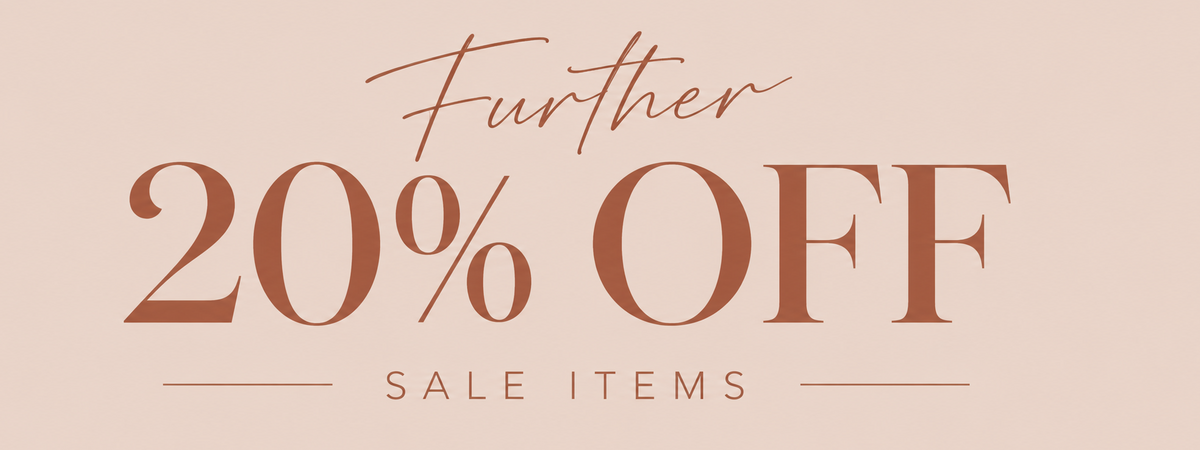 A promotional sale graphic with the text 'Further 20% OFF SALE ITEMS' in a warm terracotta brown color on a pale beige background.