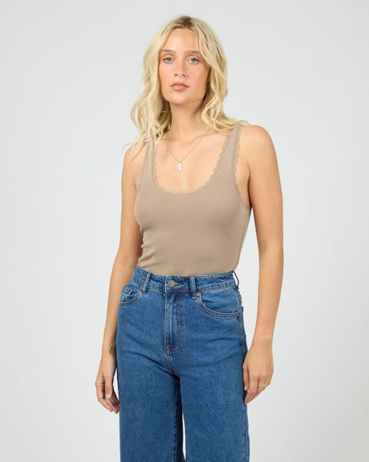 Washed Rib Lace Tank | Stone